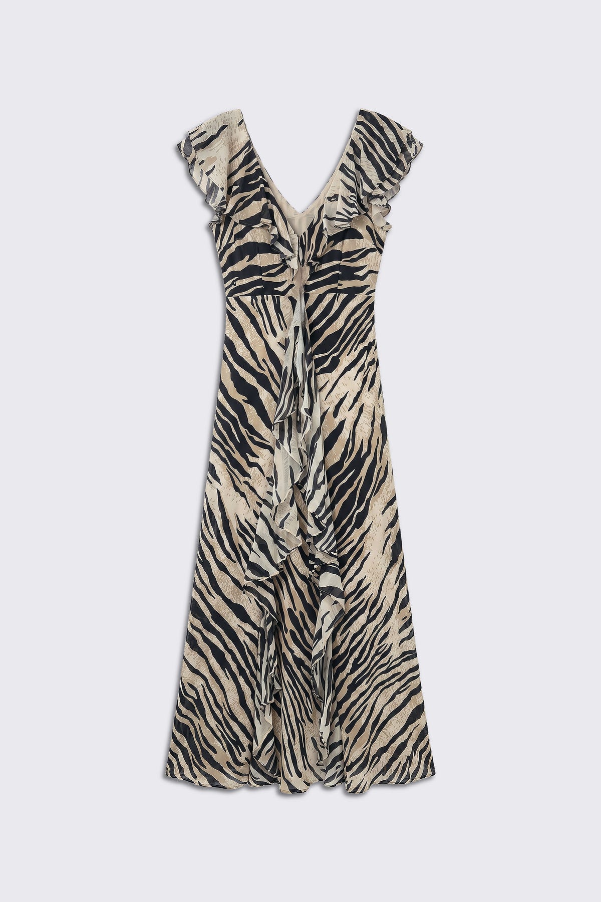 The Sofiya - Cooper Tiger Beige is a knee-length dress featuring a black and beige zebra print, ruffled cap sleeves, a V-neckline, and cascading ruffle details down the front for a flowy, lightweight look.