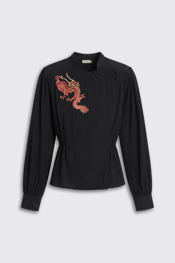 Sylvie Rose - Dragon Embroidery Red long-sleeved black blouse featuring a mandarin collar, side button closure, and red dragon embroidery on the chest.