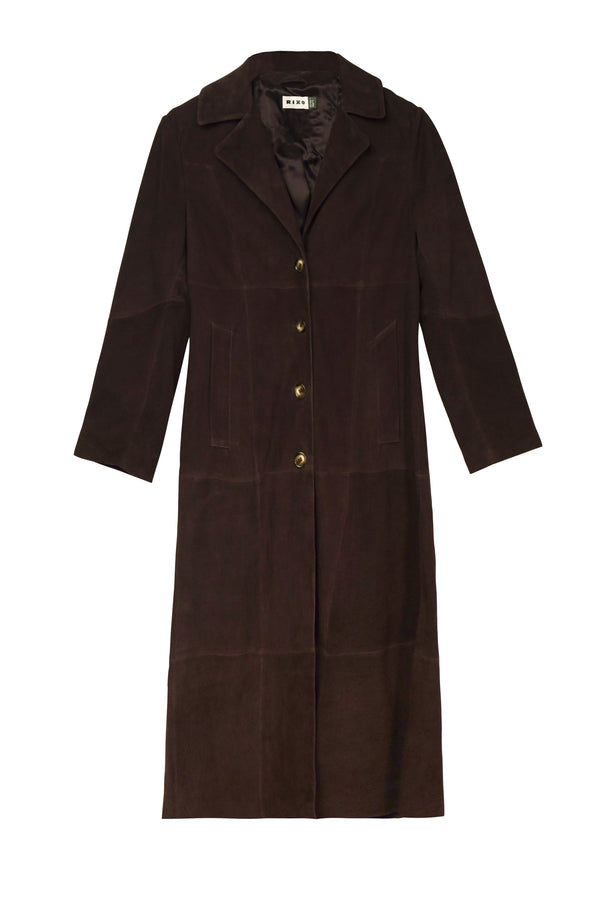 The Astraea - Chocolate is a long chocolate suede coat featuring a notch collar, button-down front, and two side pockets, displayed on a white background—a timeless vintage piece perfect for elevating any wardrobe.