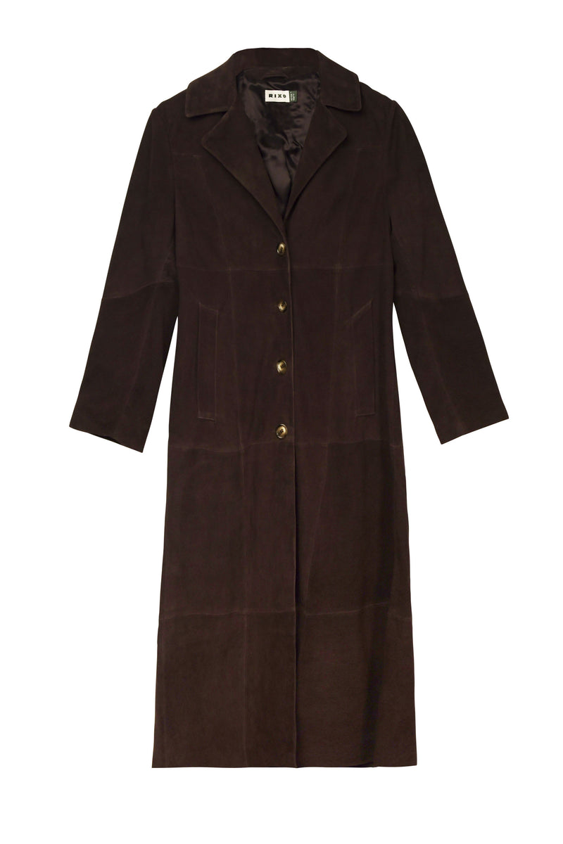 The Astraea - Chocolate is a long chocolate suede coat featuring a notch collar, button-down front, and two side pockets, displayed on a white background—a timeless vintage piece perfect for elevating any wardrobe.