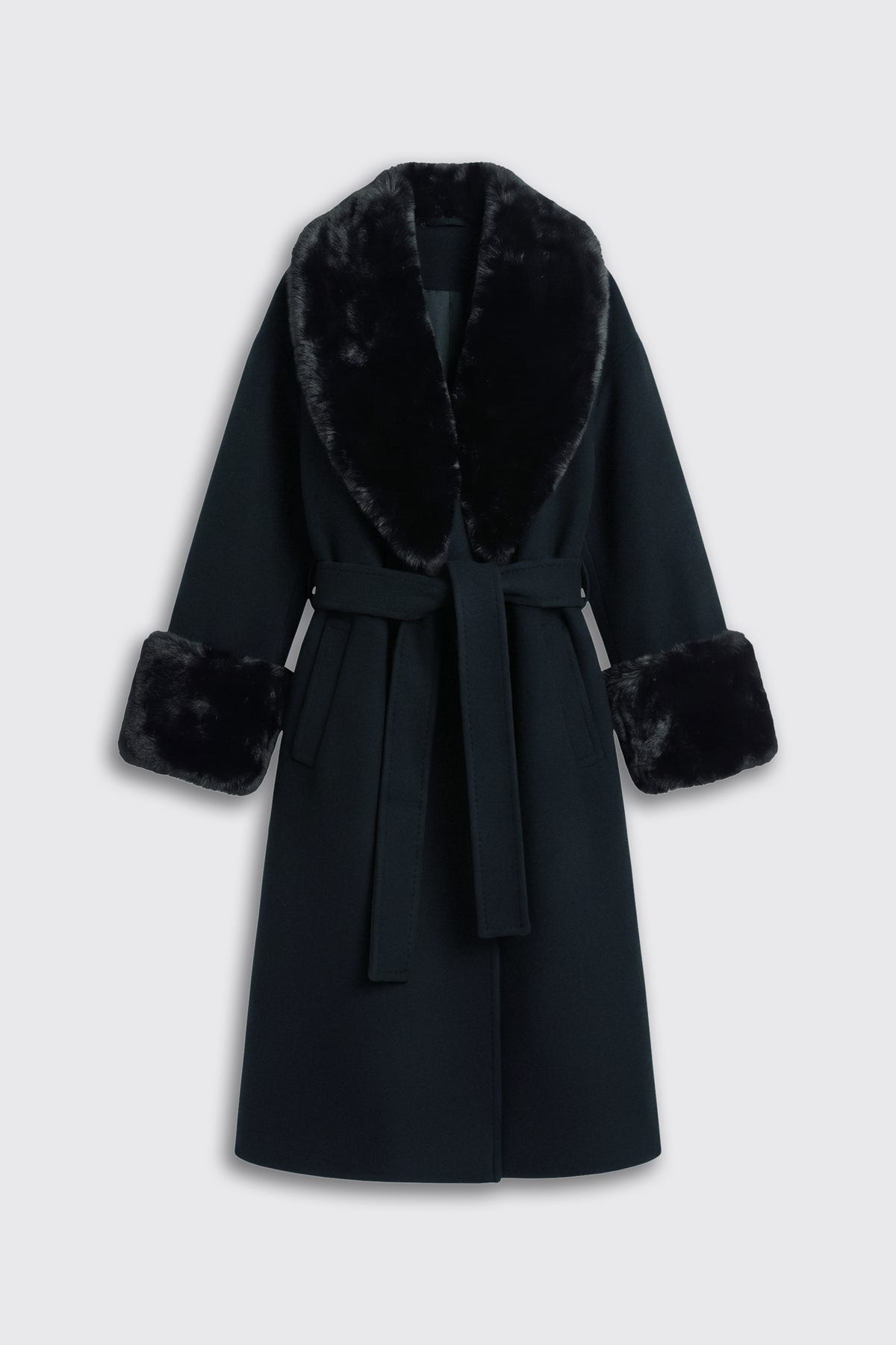 Winslow - Black belted coat featuring a faux fur collar and matching faux fur cuffs.