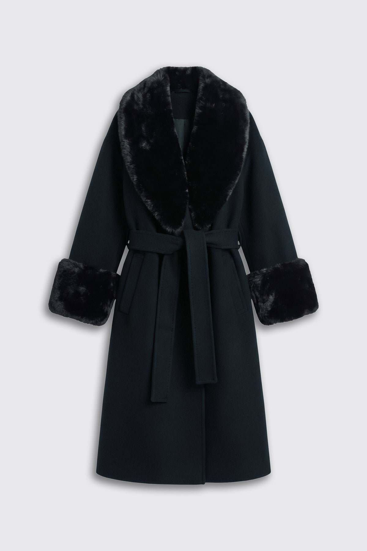 Winslow - Black belted coat featuring a faux fur collar and matching faux fur cuffs.